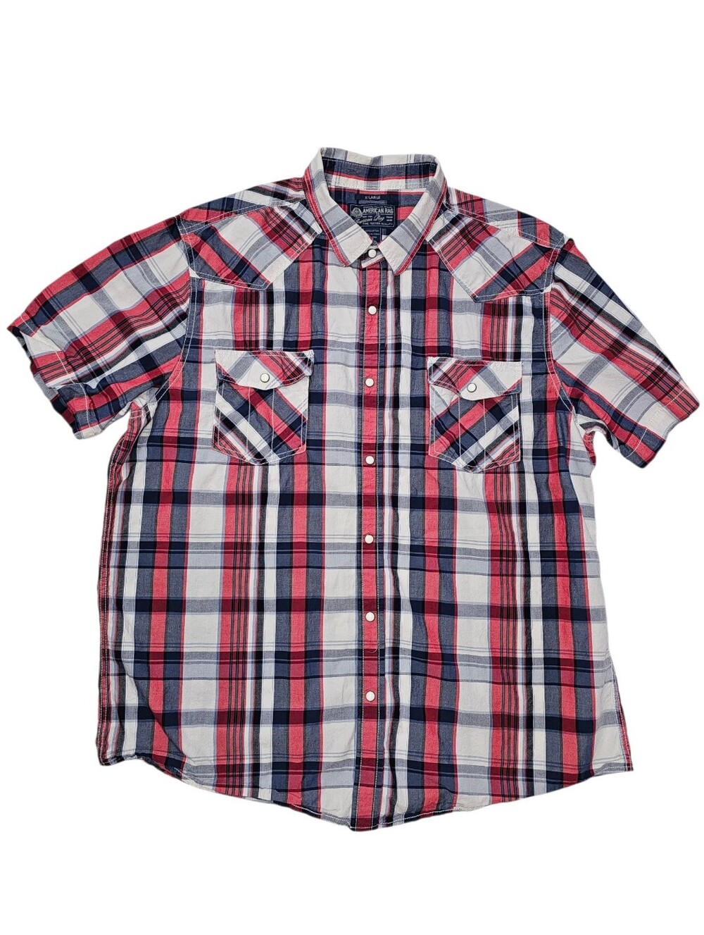 American Rag Short Sleeve Plaid Snap-Down Shirt - Red, Navy & White